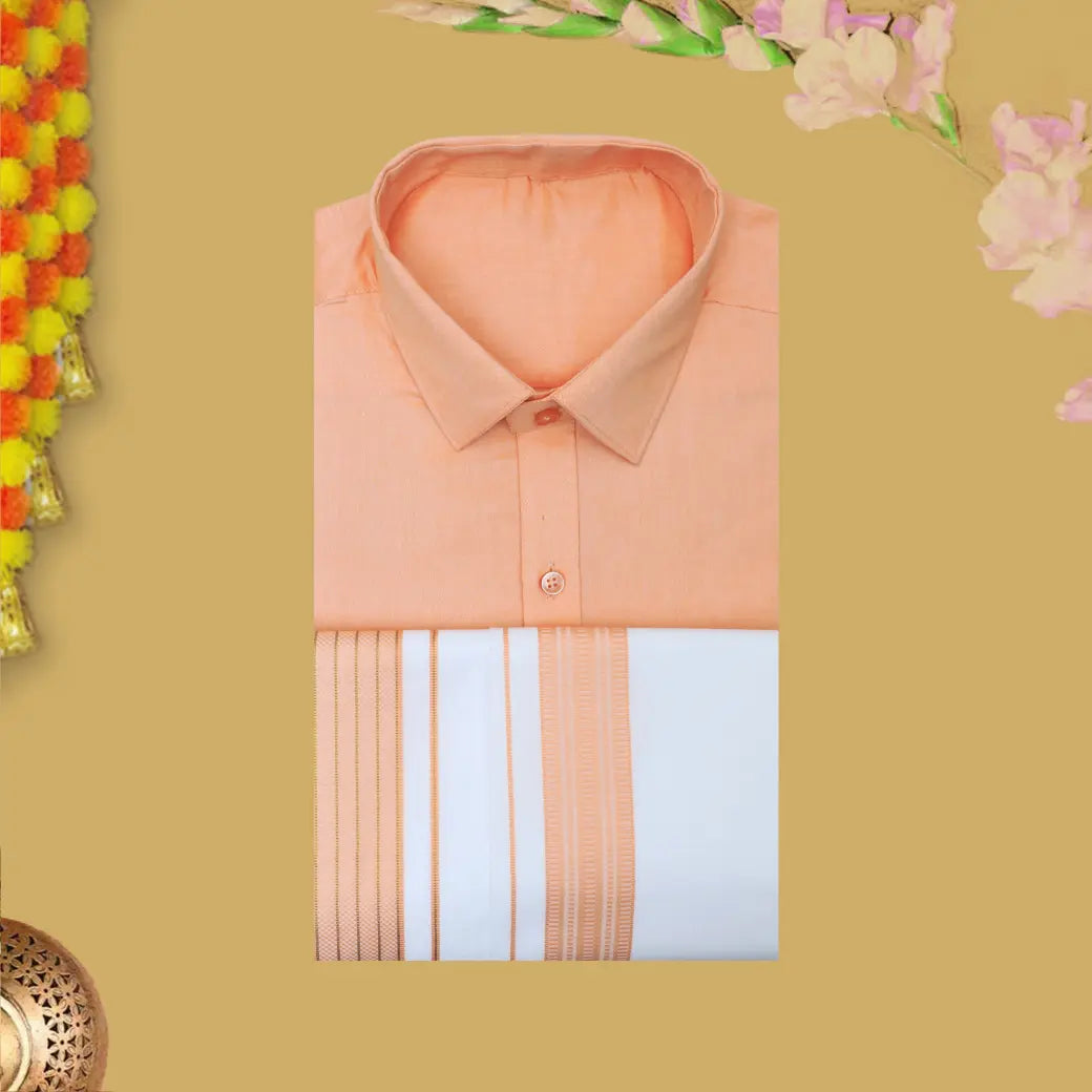 Orange With White Cotton Readymade Shirt and Double Matching Border Dhoti Set For Men