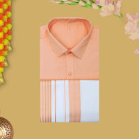Orange With White Cotton Readymade Shirt and Double Matching Border Dhoti Set For Men