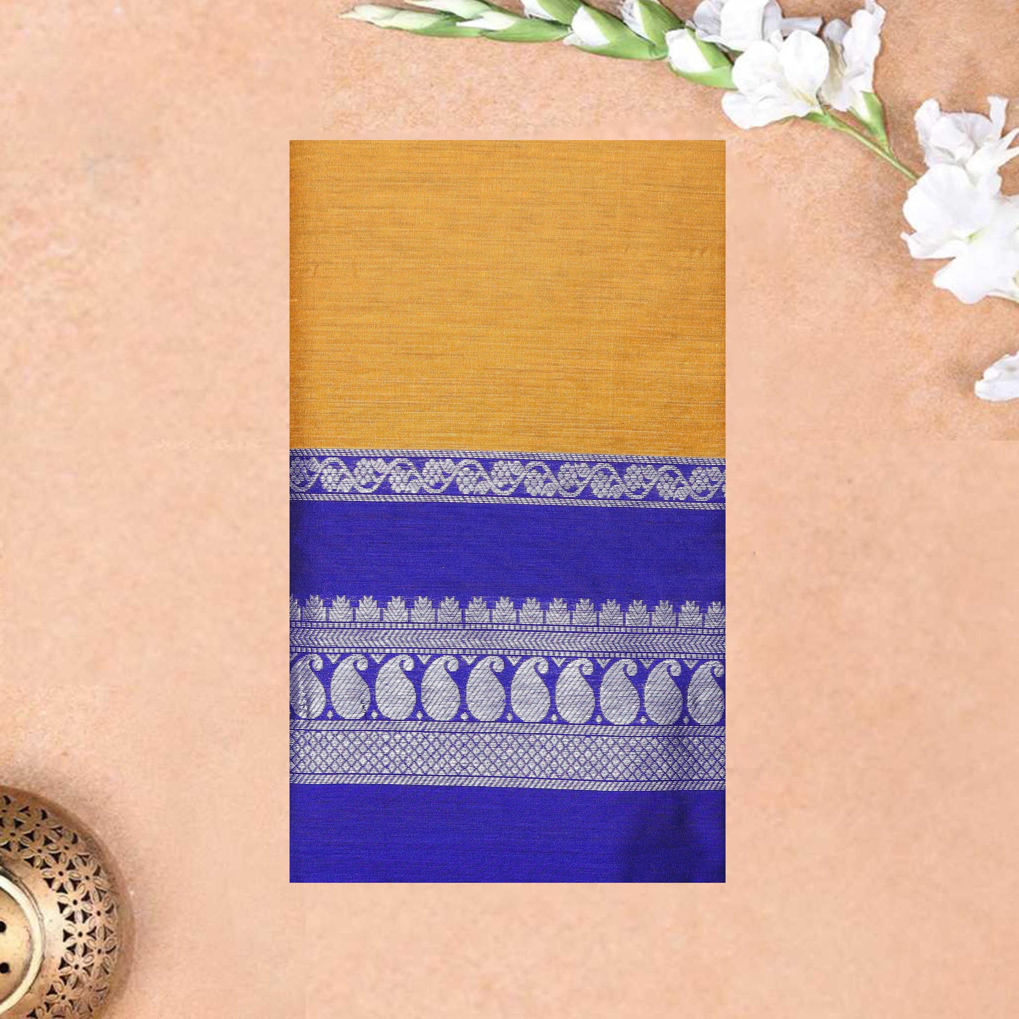 Mustard Yellow and Royal Blue Premium Quality Kalyani Cotton Saree