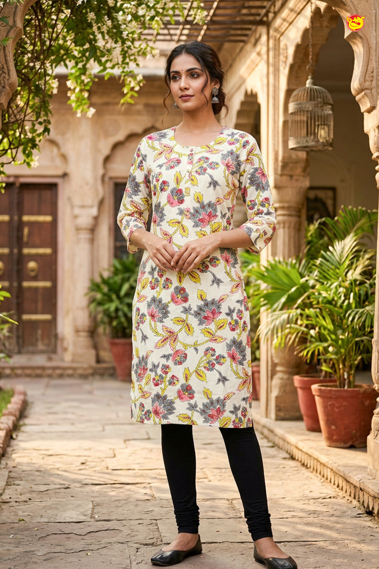 Off White With Off Multi Color Floral Design Cotton Ladies Readymade Straight Cut Top