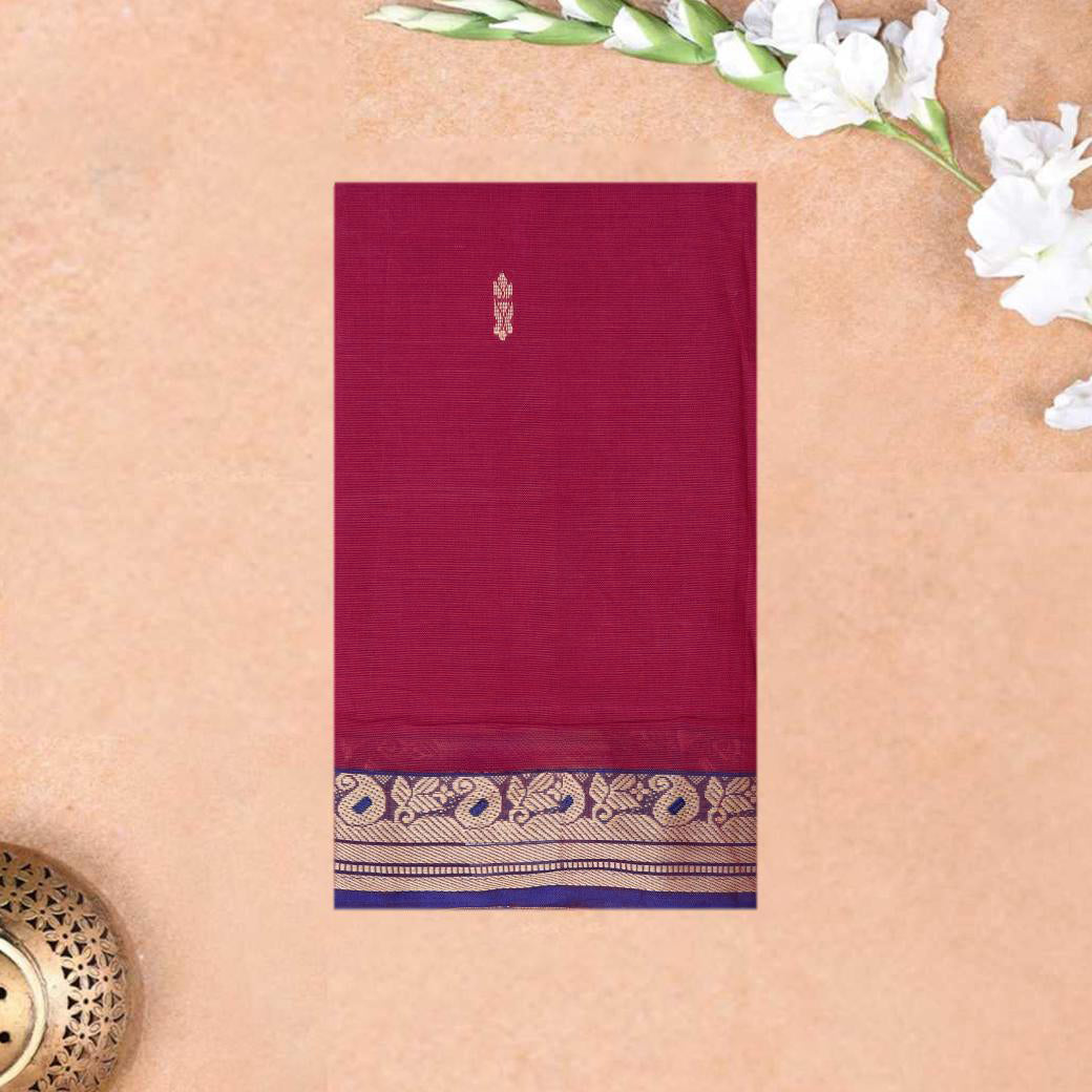Magenta Pink With Blue Contrast Border Pure Cotton Saree