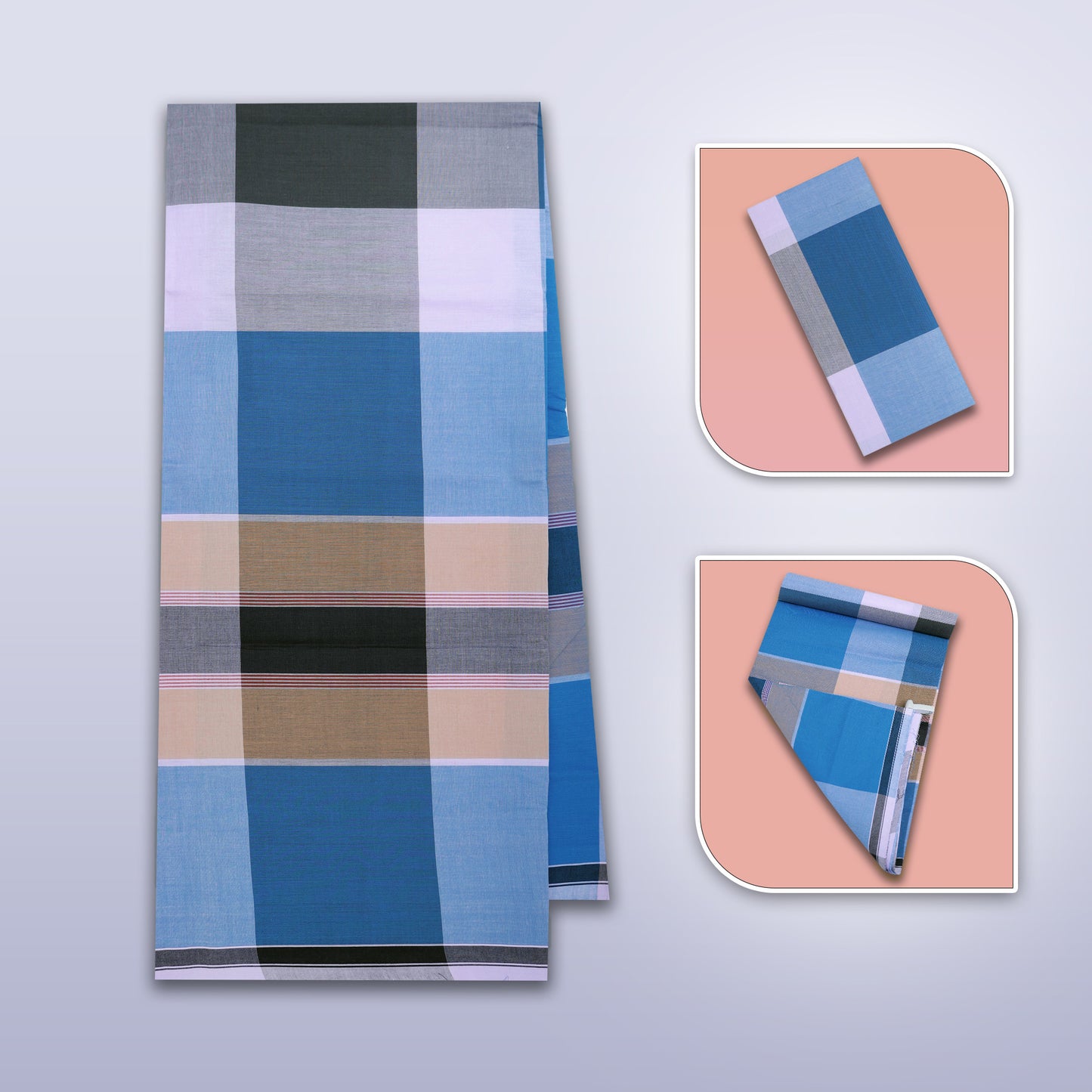Men’s  Blue With Dark Cgarcoal Grey Checked Cotton Stitched Lungi