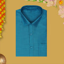 Teal Blue With White Dhoti Readymade Shirt And Matching Border Dhoti Set for Men