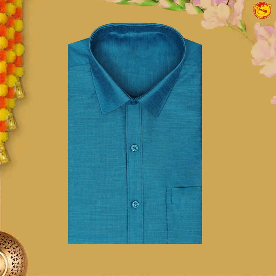 Teal Blue With White Dhoti Readymade Shirt And Matching Border Dhoti Set for Men