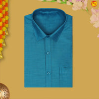 Teal Blue With White Dhoti Readymade Shirt And Matching Border Dhoti Set for Men