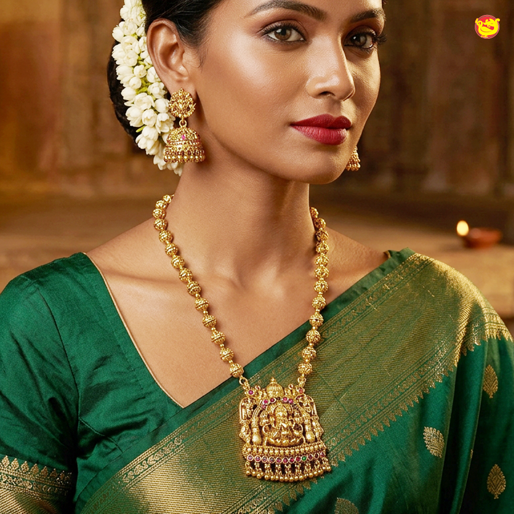 Antique Gold –Toned Balls With  Saraswati  Necklace Temple Jewellery  earrings