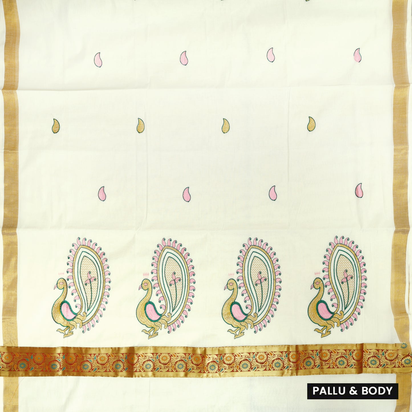 Off White With Red Golden Border Silk Threaded Peacock Embroidery Multi Color traditional kerala onam saree