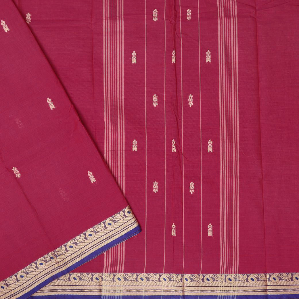 Magenta Pink With Blue Contrast Border Pure Cotton Saree