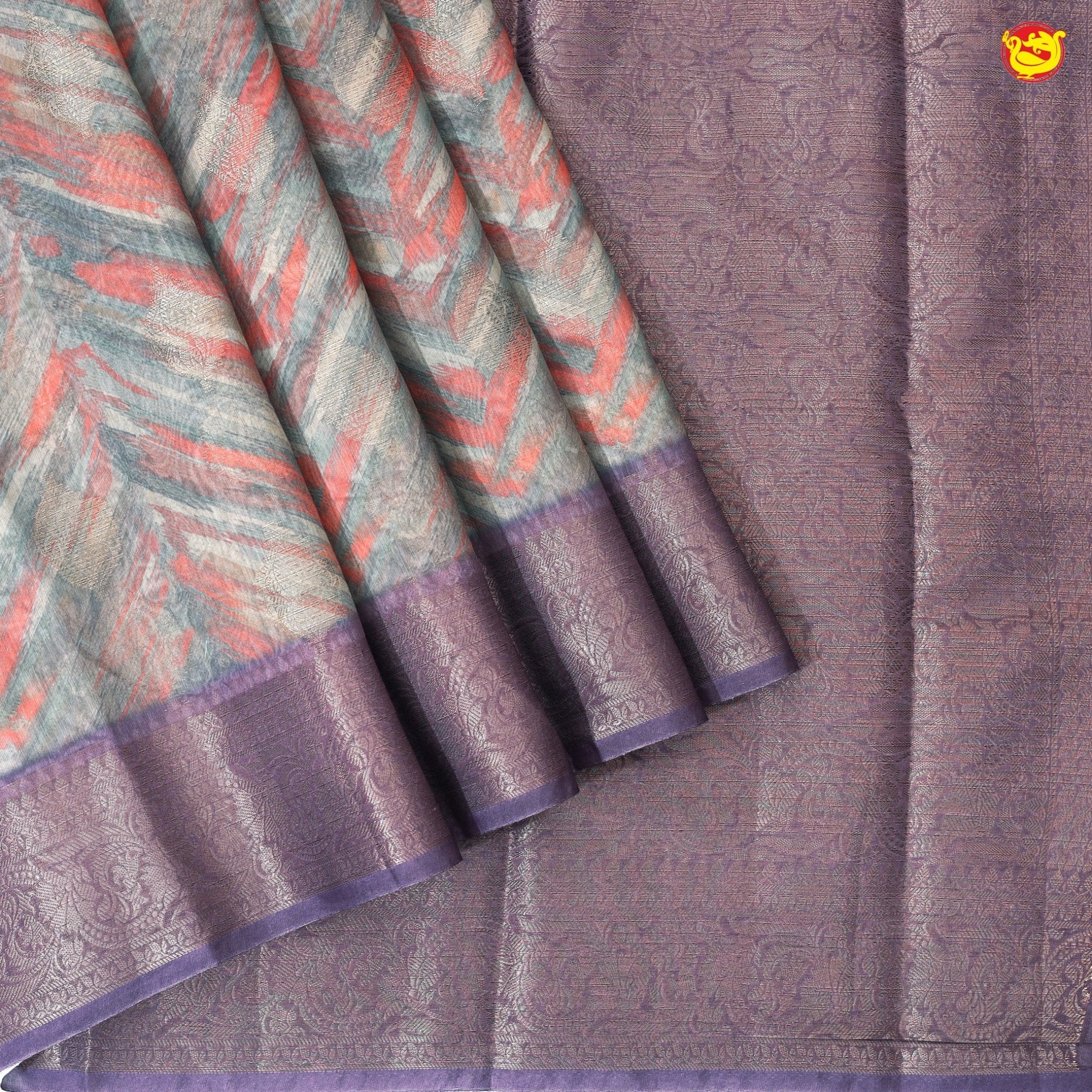 Unique Multicolour With Purple Chanderi Silk Saree with Floral Motifs and Gold Zari Border