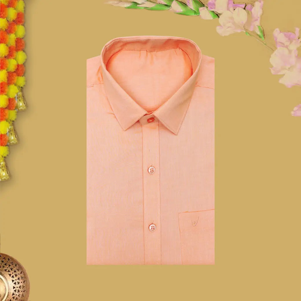 Orange With White Cotton Readymade Shirt and Double Matching Border Dhoti Set For Men