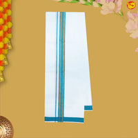 Teal Blue With White Dhoti Readymade Shirt And Matching Border Dhoti Set for Men