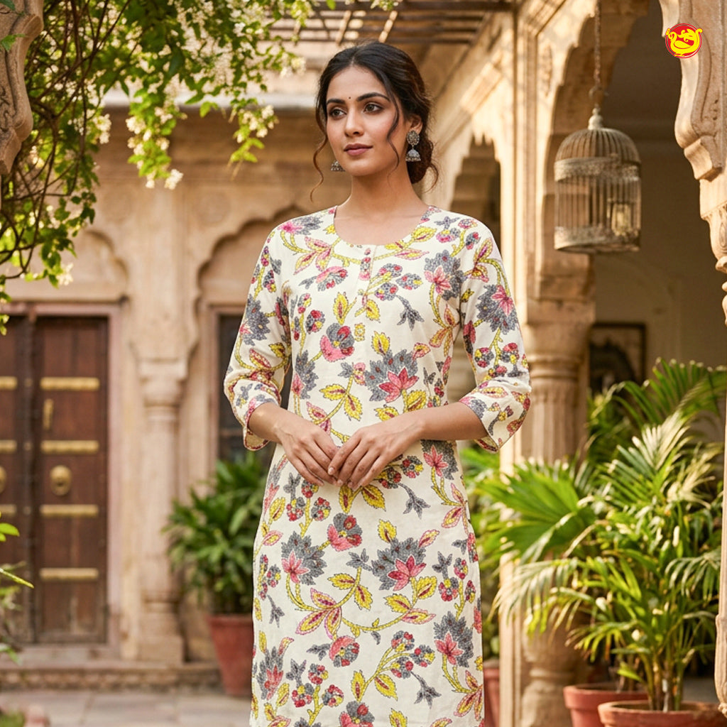 Off White With Off Multi Color Floral Design Cotton Ladies Readymade Straight Cut Top