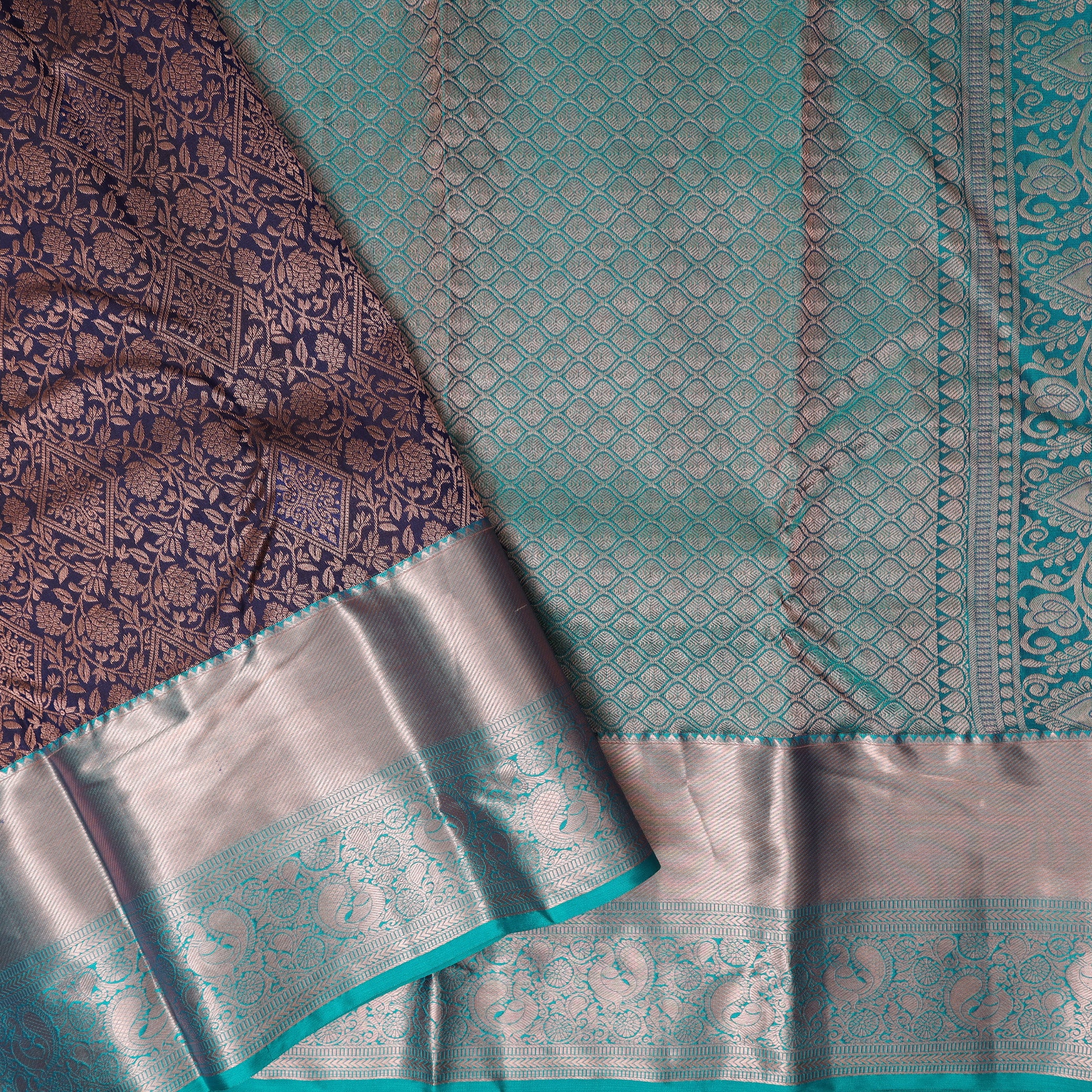 Dark Navy Blue  With Green Wedding Silk Saree