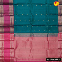 Peacock green with pink long border soft silk saree