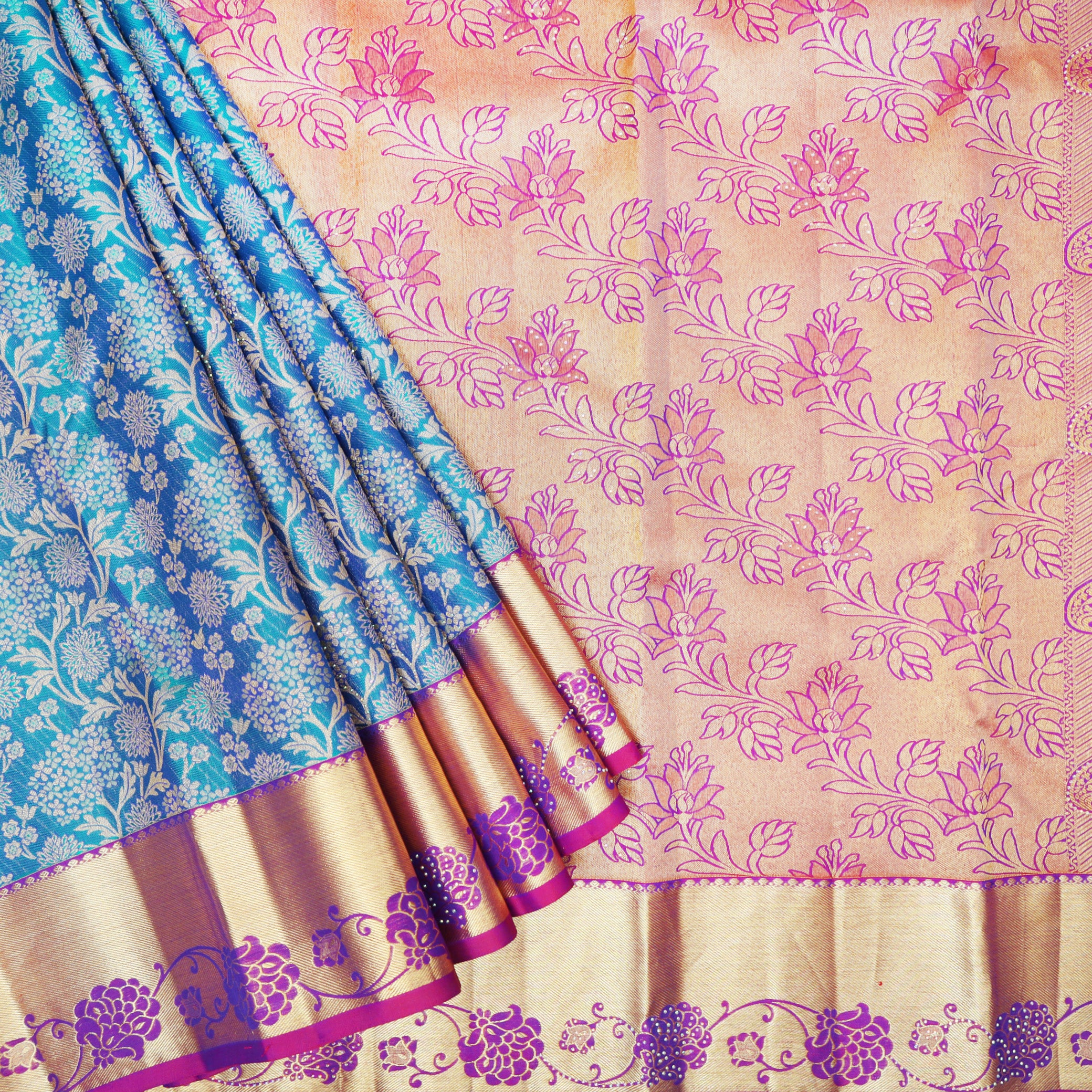 Sky Blue With Pink pure Kanchipuram silk saree