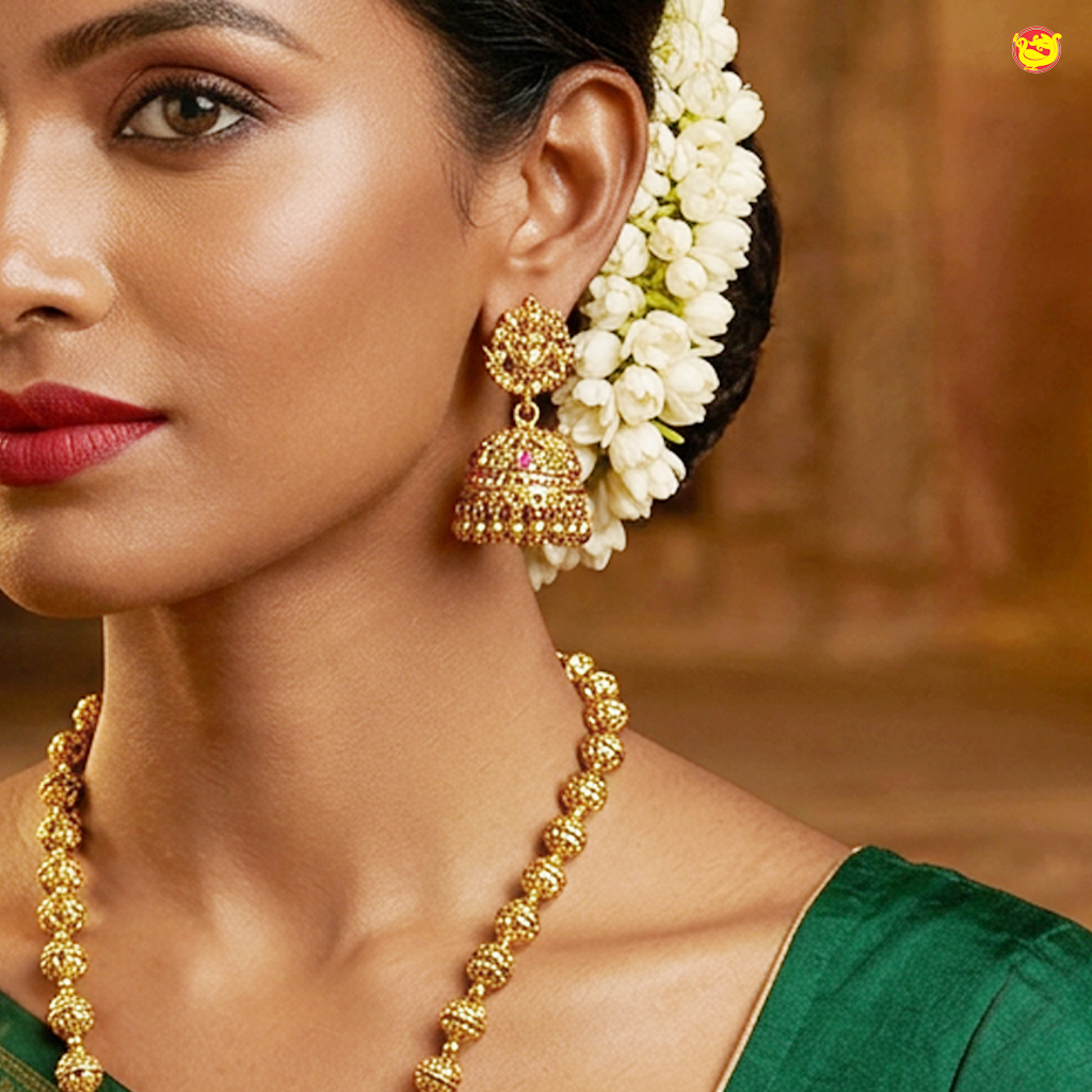 Antique Gold –Toned Balls With  Saraswati  Necklace Temple Jewellery  earrings