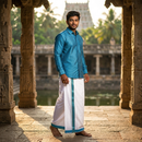 Teal Blue With White Dhoti Readymade Shirt And Matching Border Dhoti Set for Men