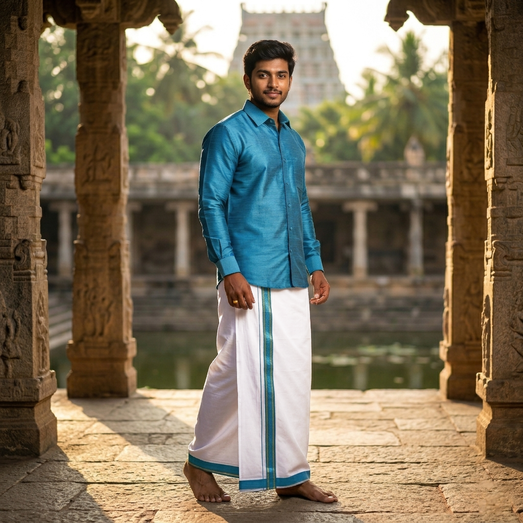 Teal Blue With White Dhoti Readymade Shirt And Matching Border Dhoti Set for Men