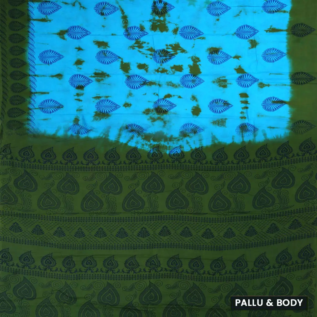 Aqua Blue - Forest Green Sungudi Cotton Saree without Blouse
