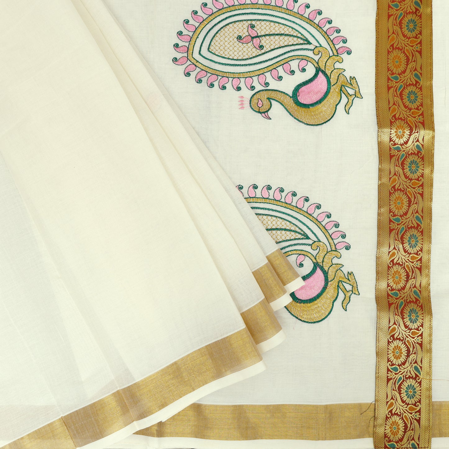 Off White With Red Golden Border Silk Threaded Peacock Embroidery Multi Color traditional kerala onam saree