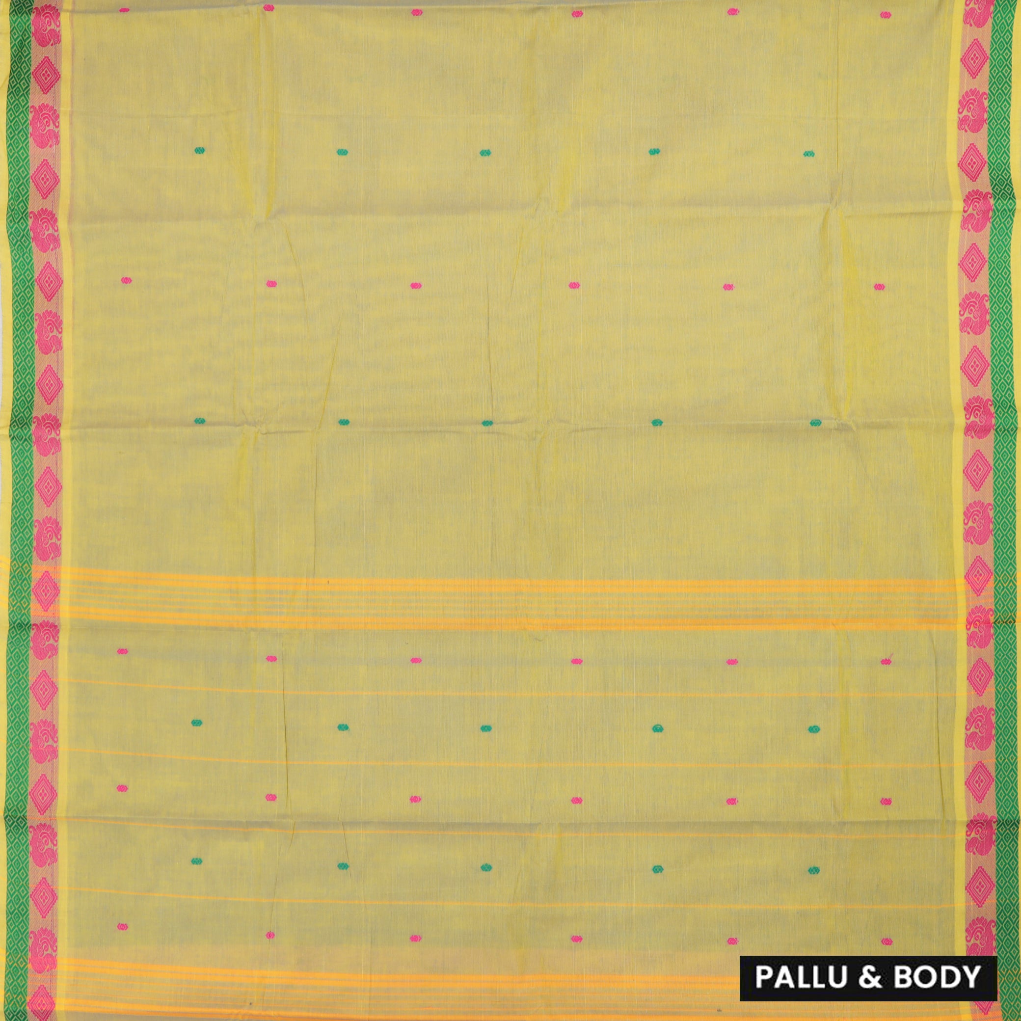 Light Yellow With Pink And Green Pure Chettinad Cotton Saree without Blouse