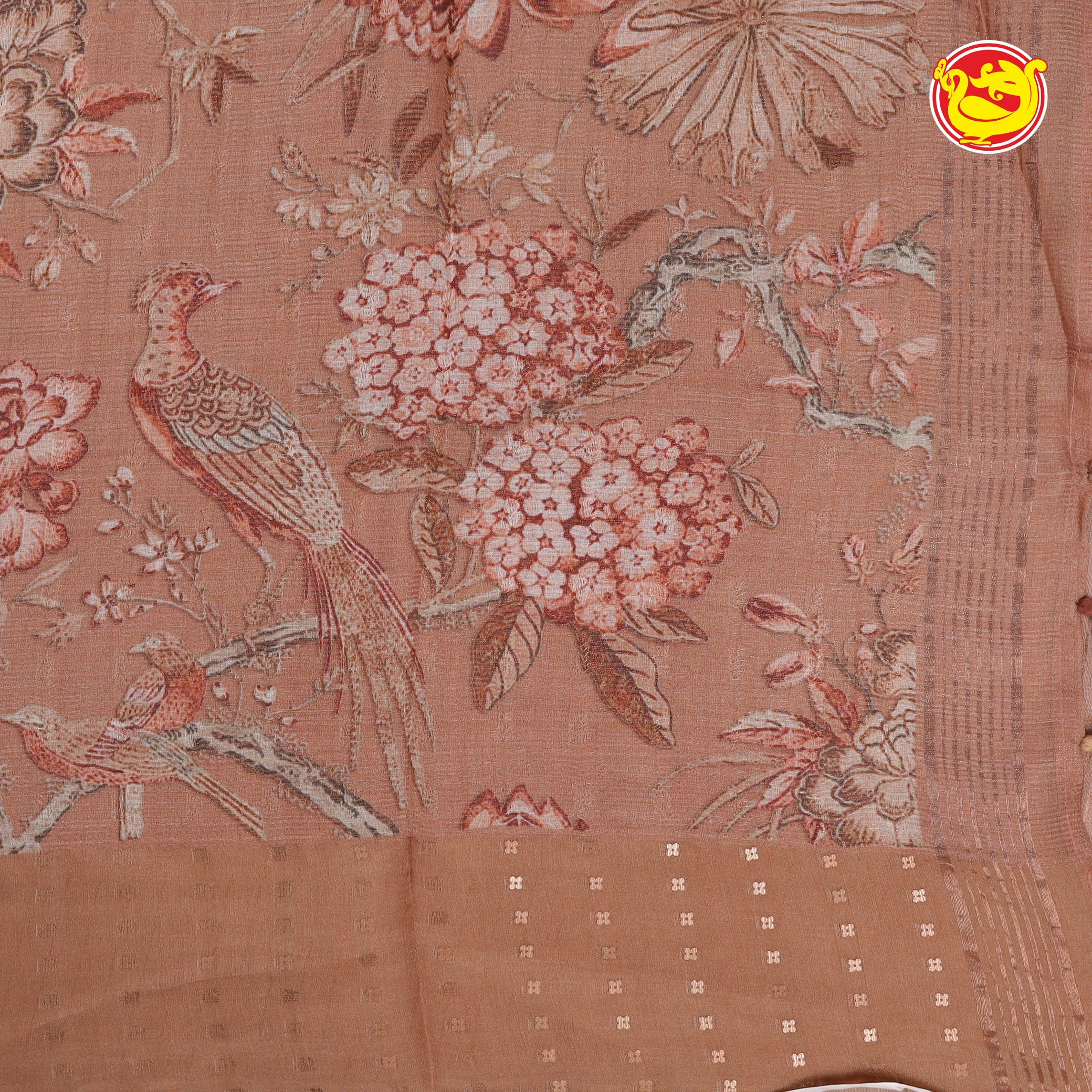 Light biscuit brown muslin silk saree with floral digital prints and sequence weaving