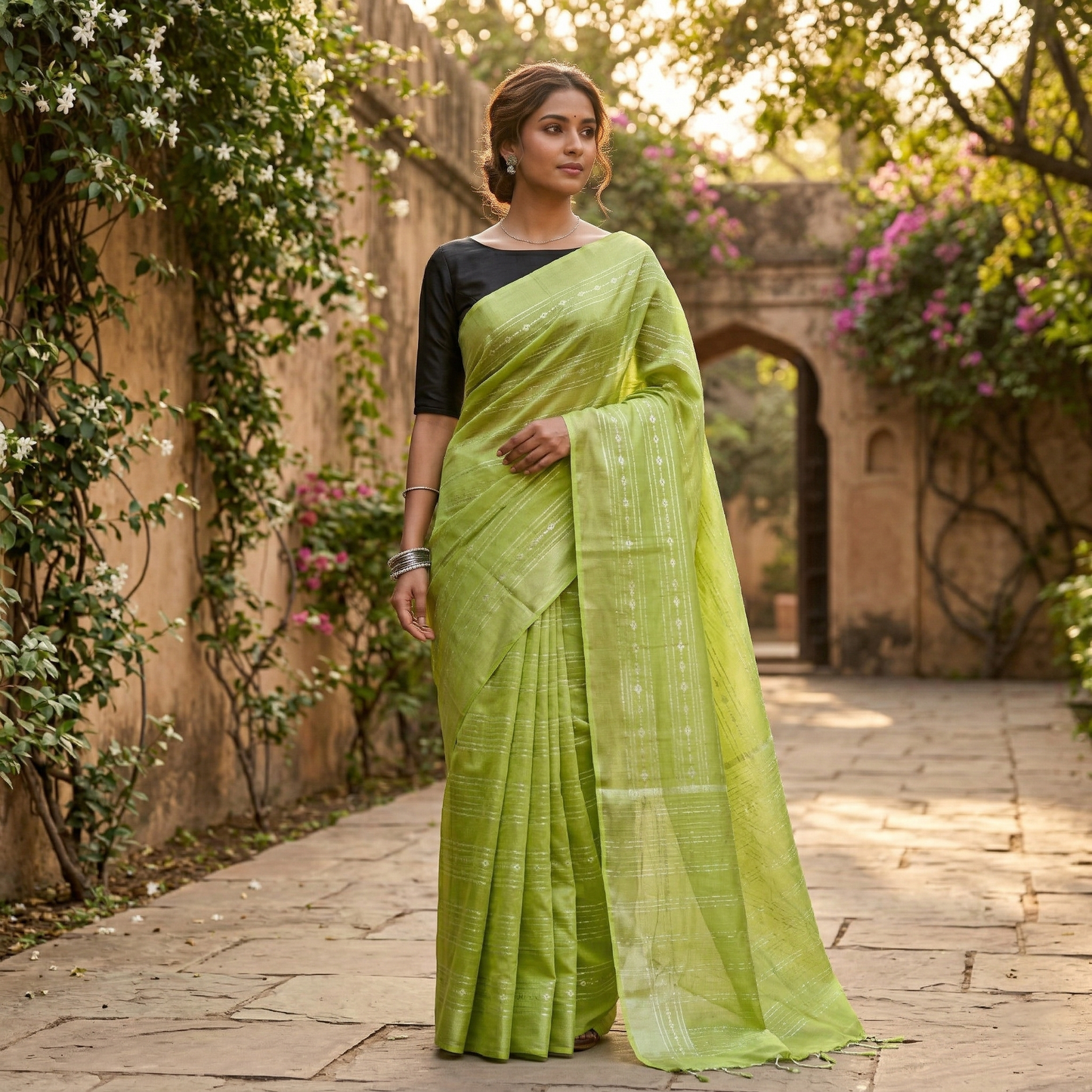 Lime green Colour Trendy Linen Saree