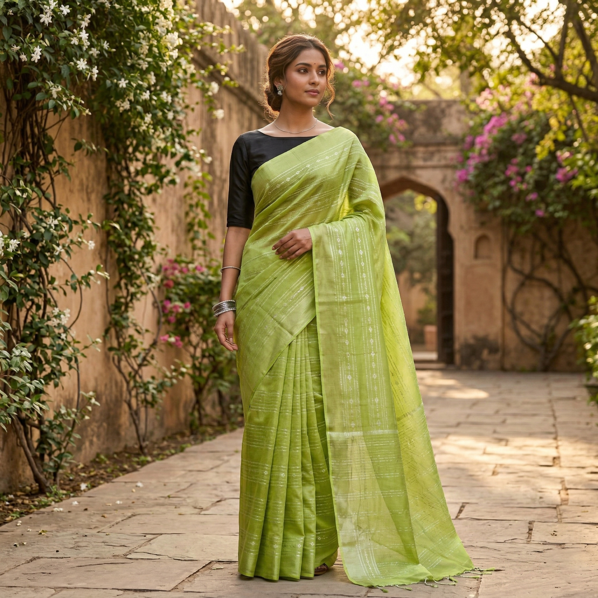Lime green Colour Trendy Linen Saree