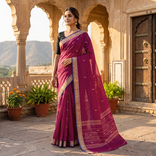 Magenta Pink With Blue Contrast Border Pure Cotton Saree