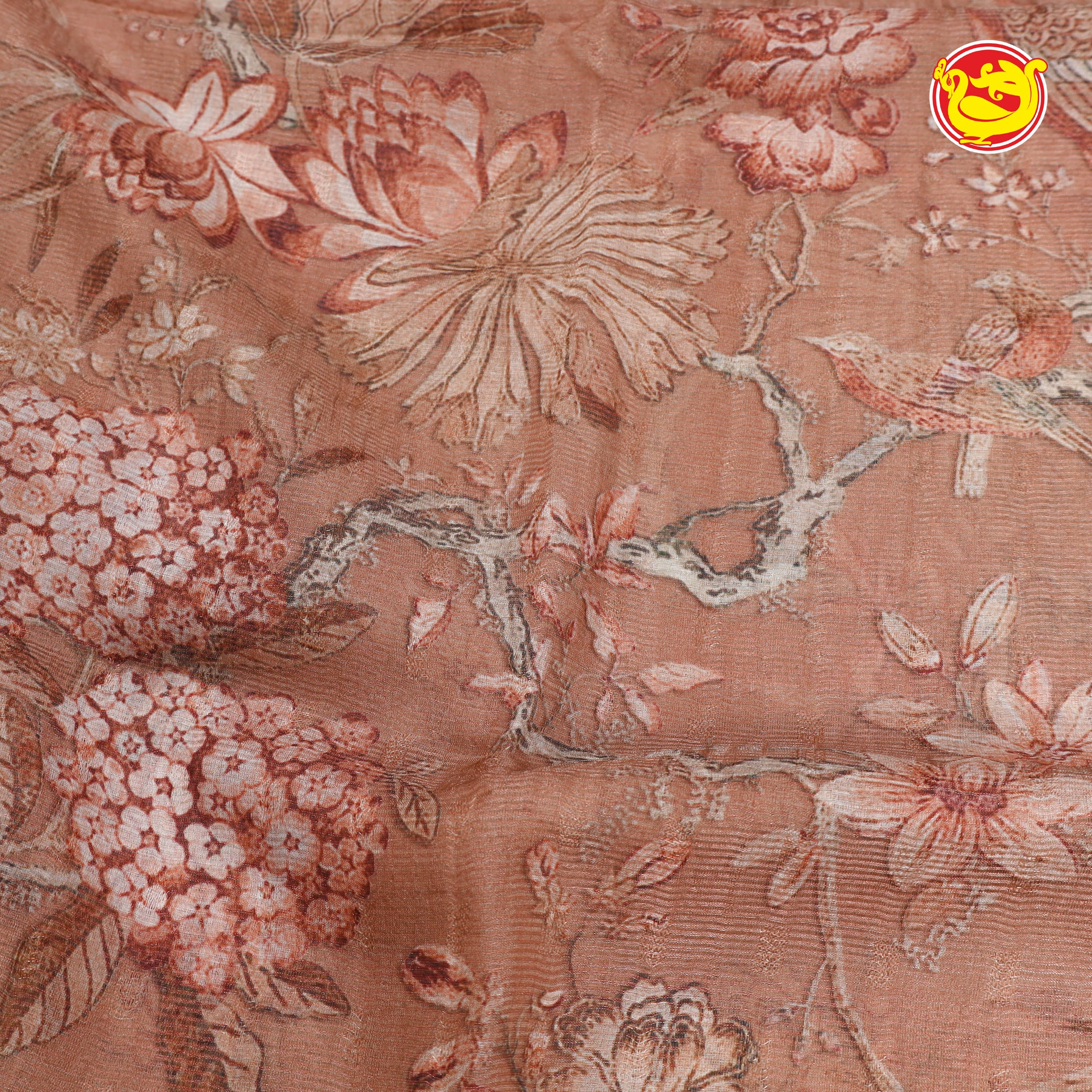 Light biscuit brown muslin silk saree with floral digital prints and sequence weaving