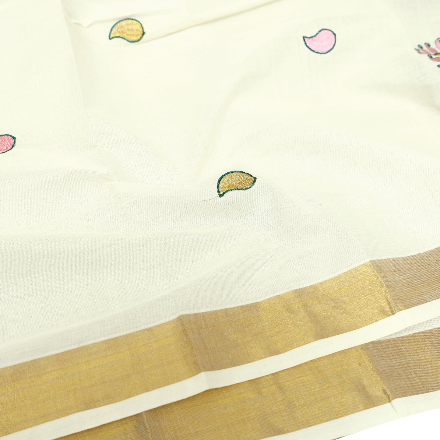 Off White With Red Golden Border Silk Threaded Peacock Embroidery Multi Color traditional kerala onam saree
