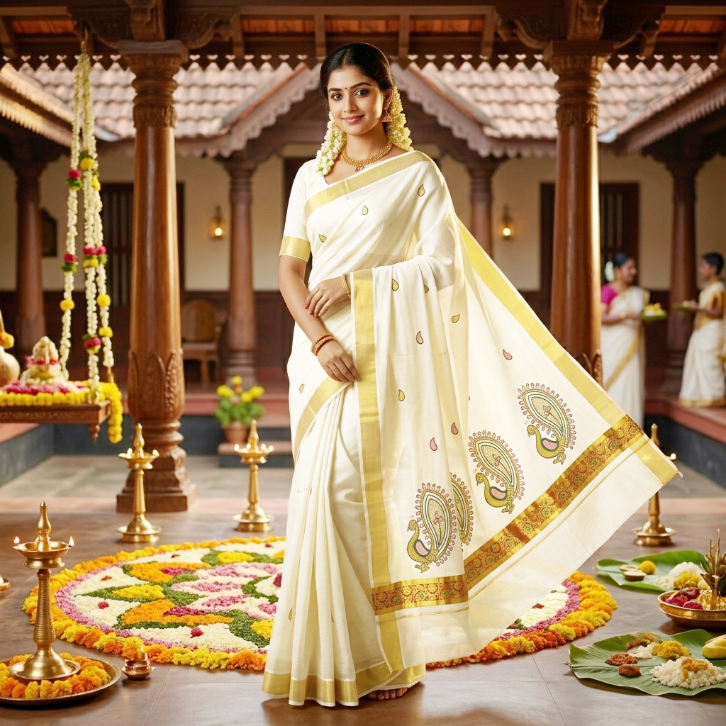Off White With Red Golden Border Silk Threaded Peacock Embroidery Multi Color traditional kerala onam saree