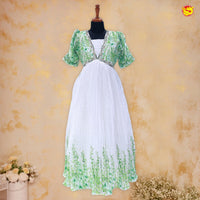 Green with White Lovely Floral Motifs Girls Branded Readymade Frock - Thenianantham