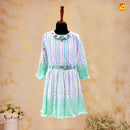 White with Green Vertical with Buttas line Girls Branded Readymade Frock - Thenianantham