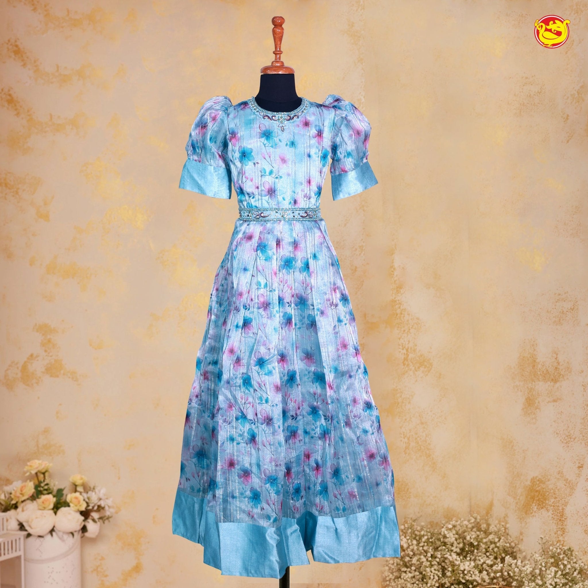 Ice Blue Lovely Colourful Floral Girls Branded Readymade Partywear Gown