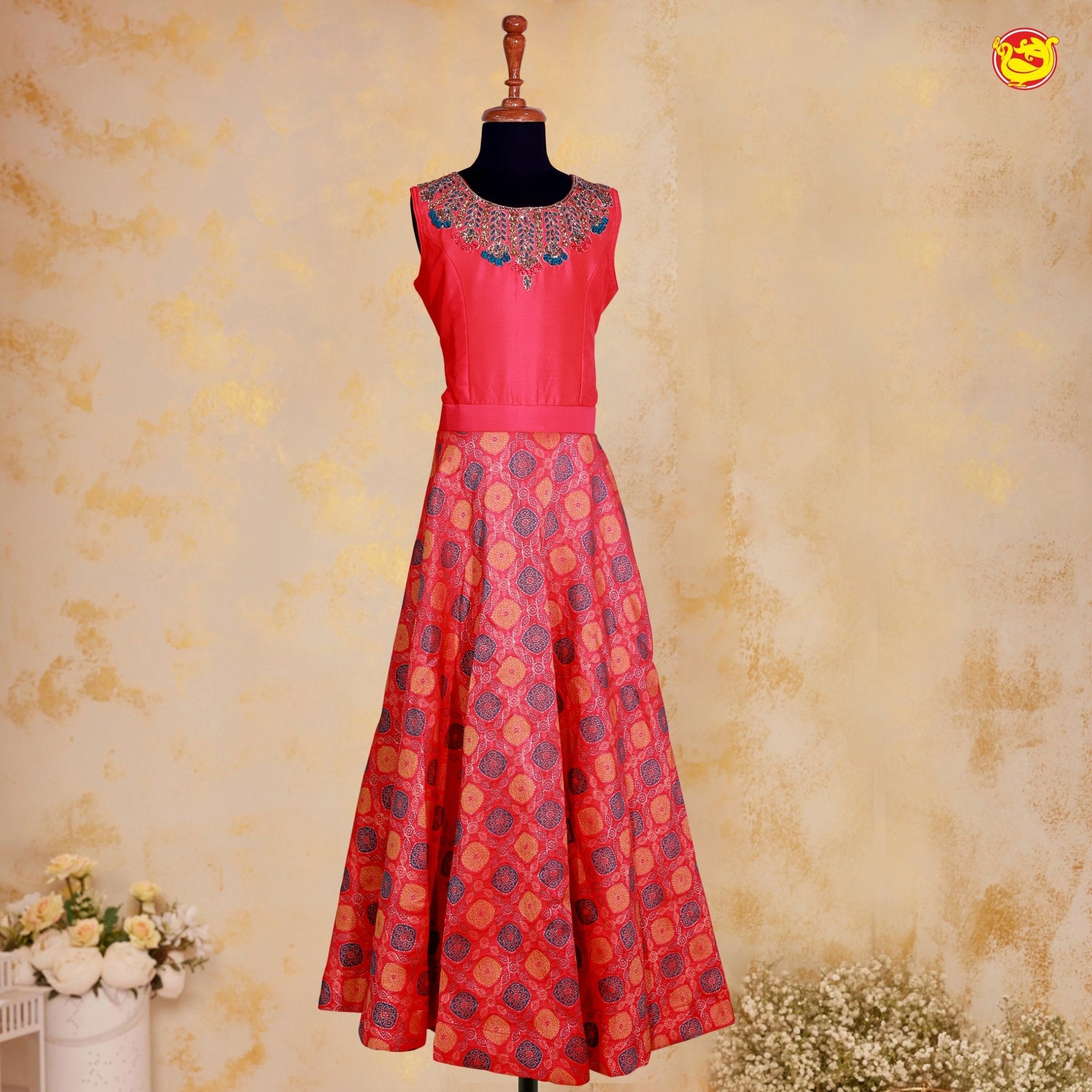 Tomato Red Embroidery Work with Circle Motifs Girls Branded Readymade Frock - Thenianantham