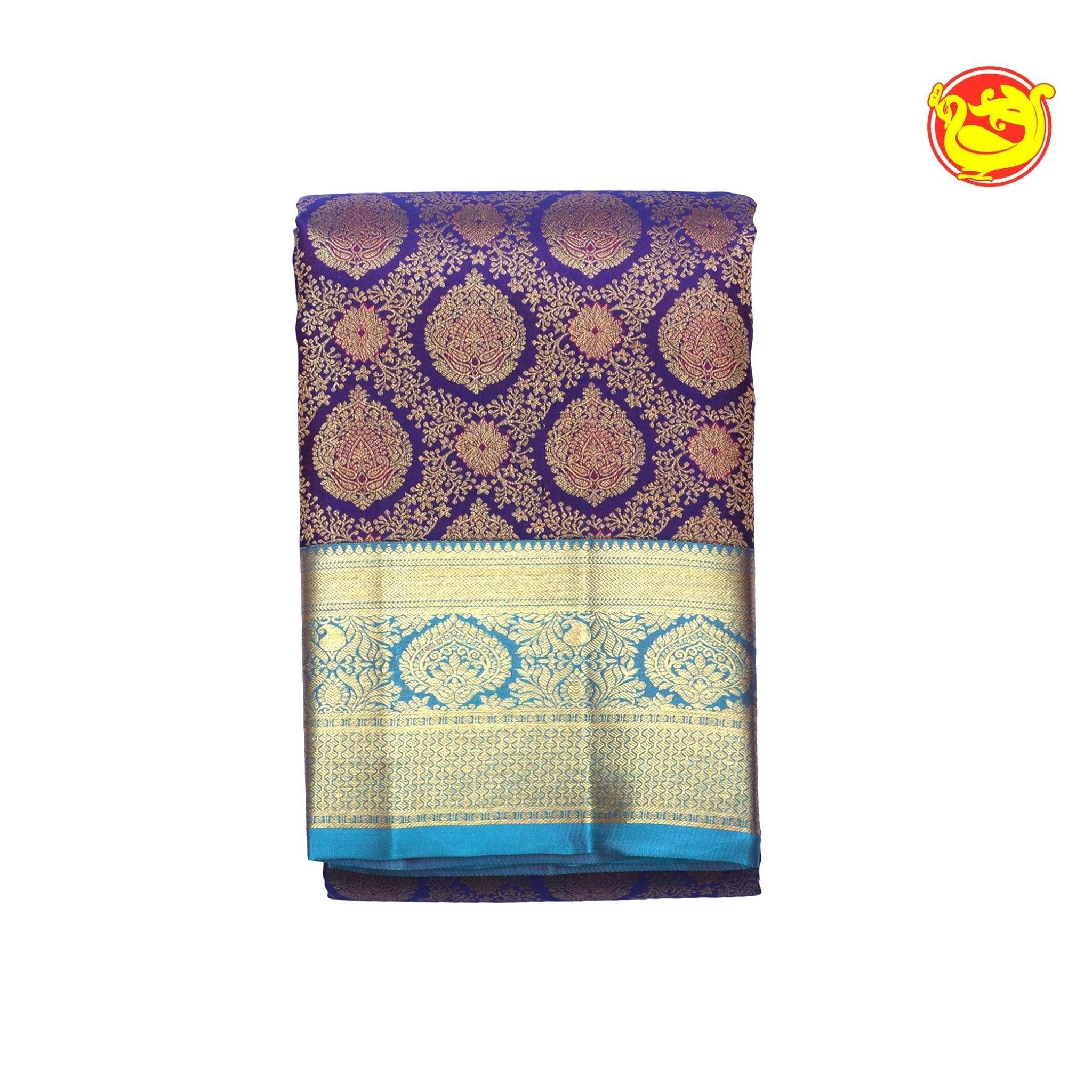 Dark Blue Wedding Silk Saree With Rama Blue Pallu - Thenianantham