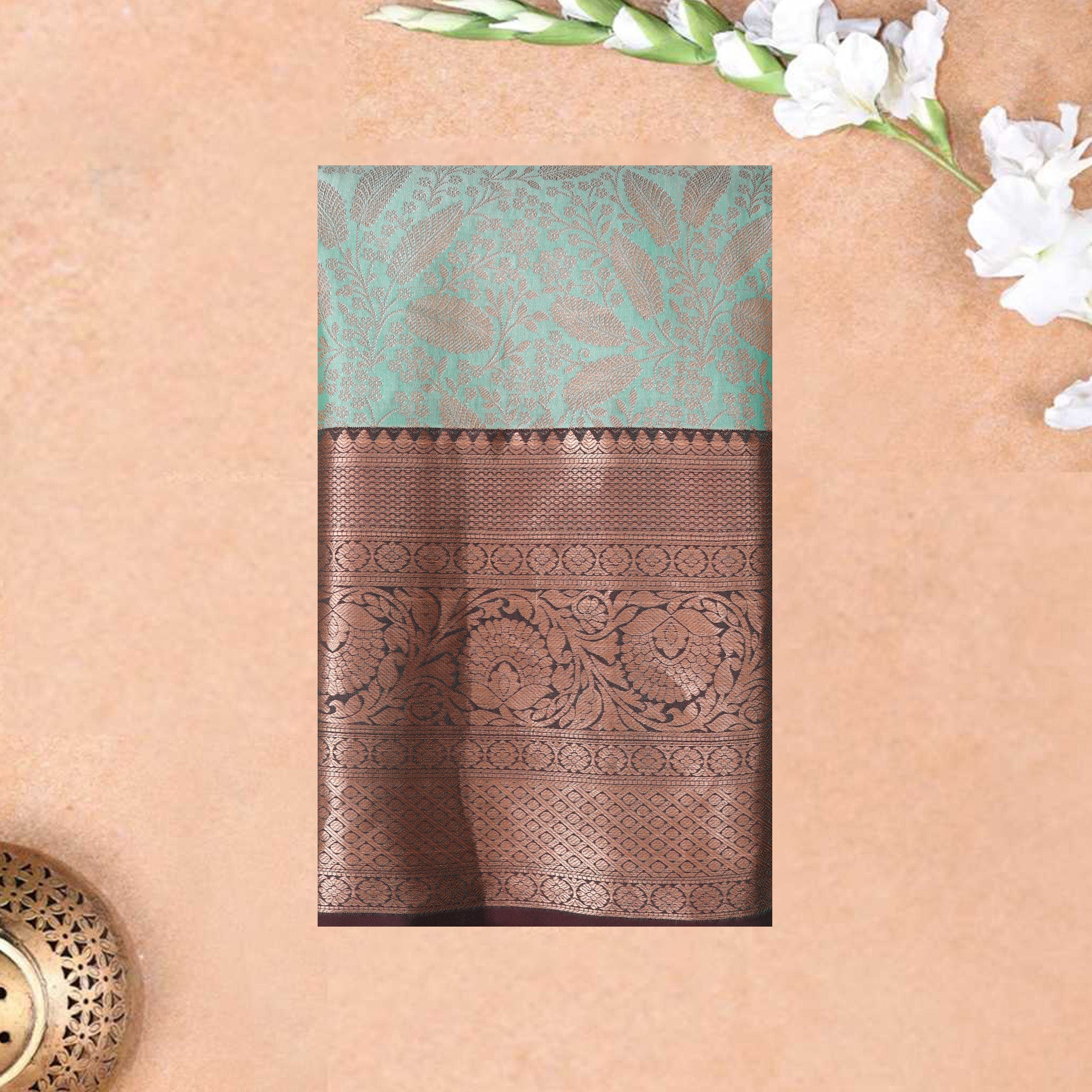Turquoise Green With Dark Brown Wedding Silk Saree