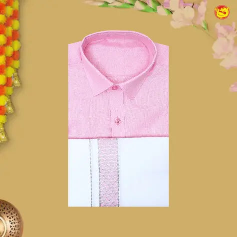 Light Pink Colour Readymade Shirt And Matching Border Dhoti Set for Men