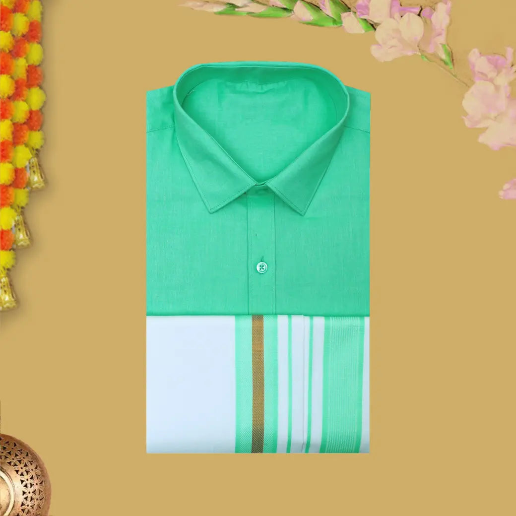 Green With White Cotton Readymade Shirt and Double Matching Border Dhoti Set For Men