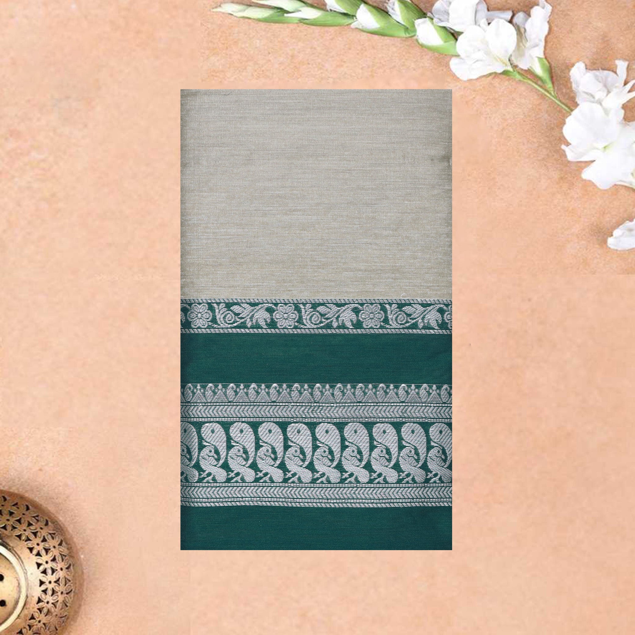 off-white with deep green Premium Quality Kalyani Cotton Saree