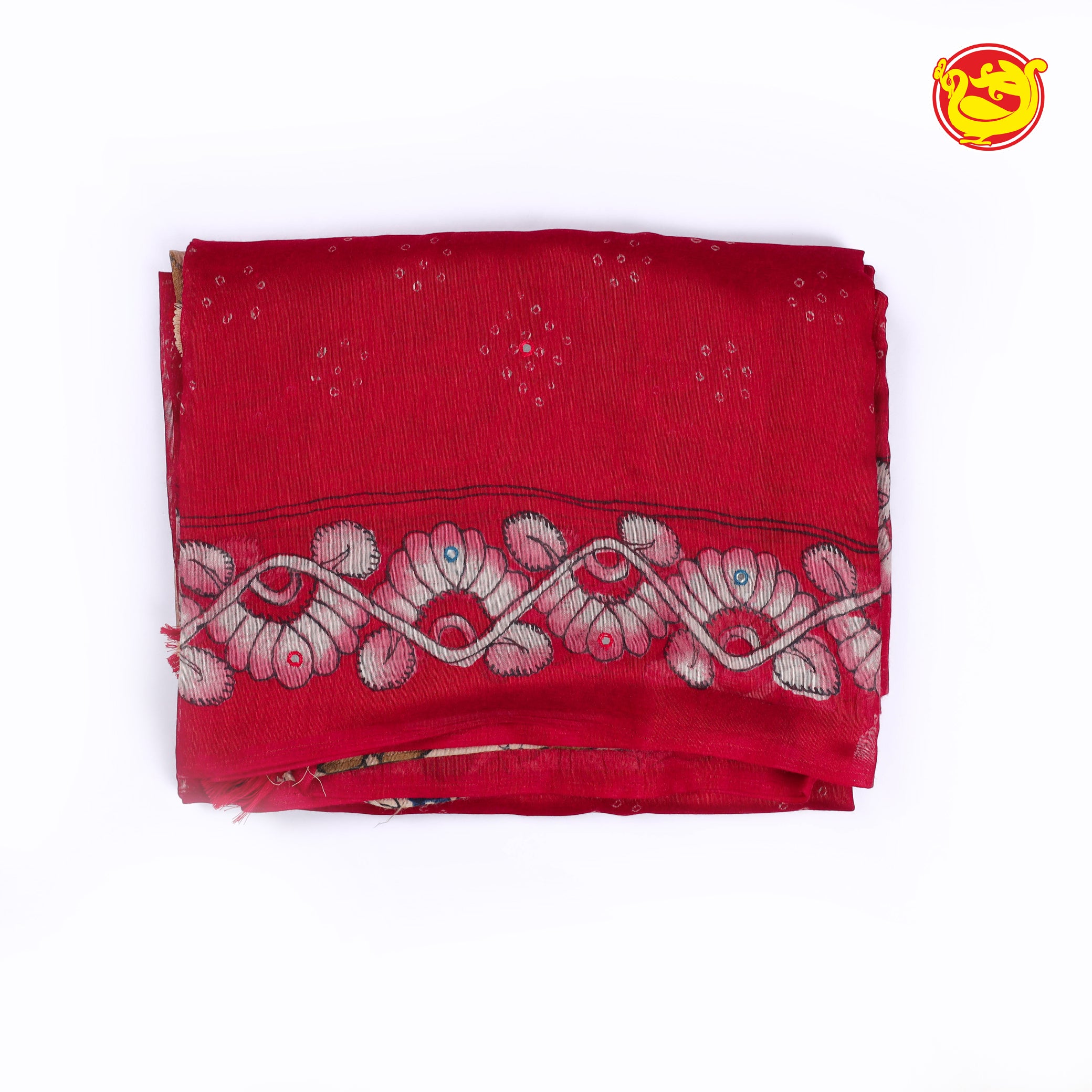 Bright red semi linen saree with mirror embroidery