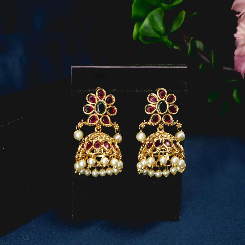 JHUMKI EARRINGS with  RED&GREEN  stone and pearl hangings