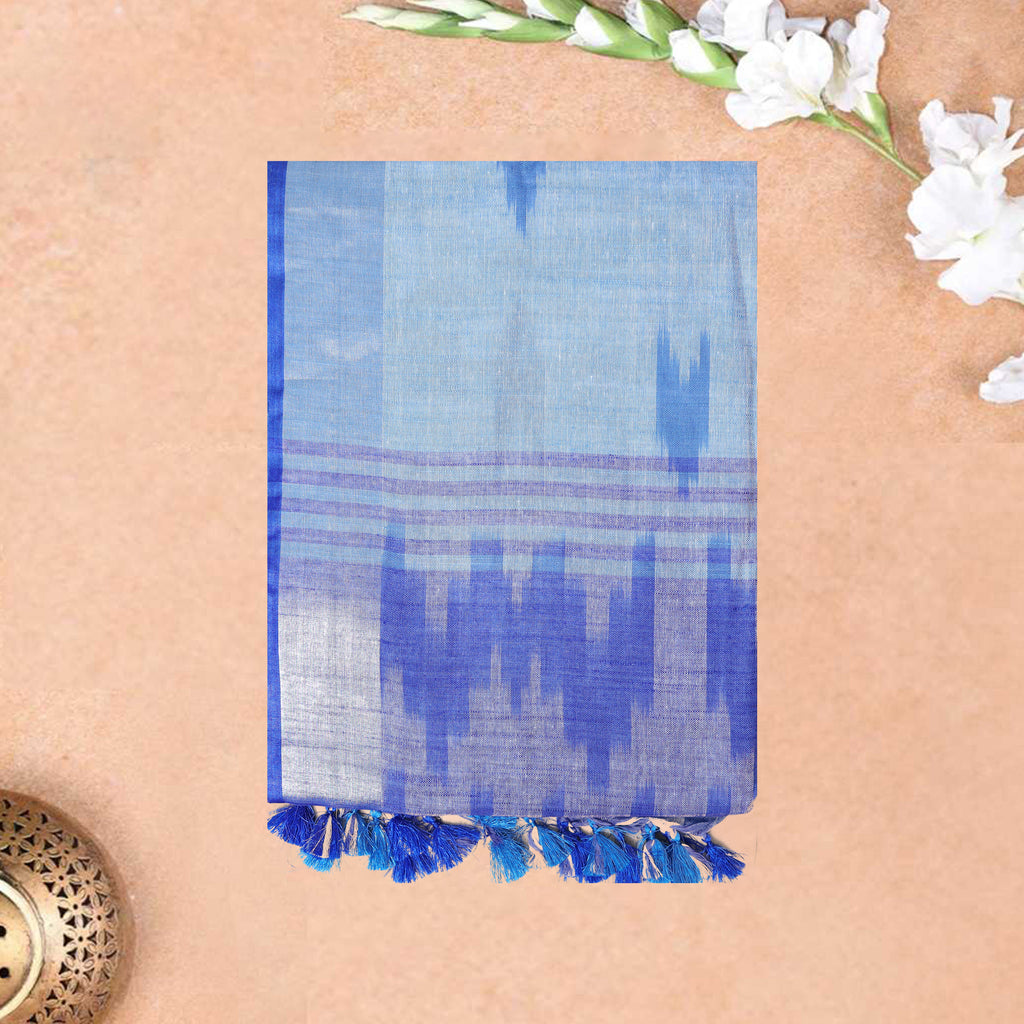 Light Blue With Royal Blue Trendy Linen Saree