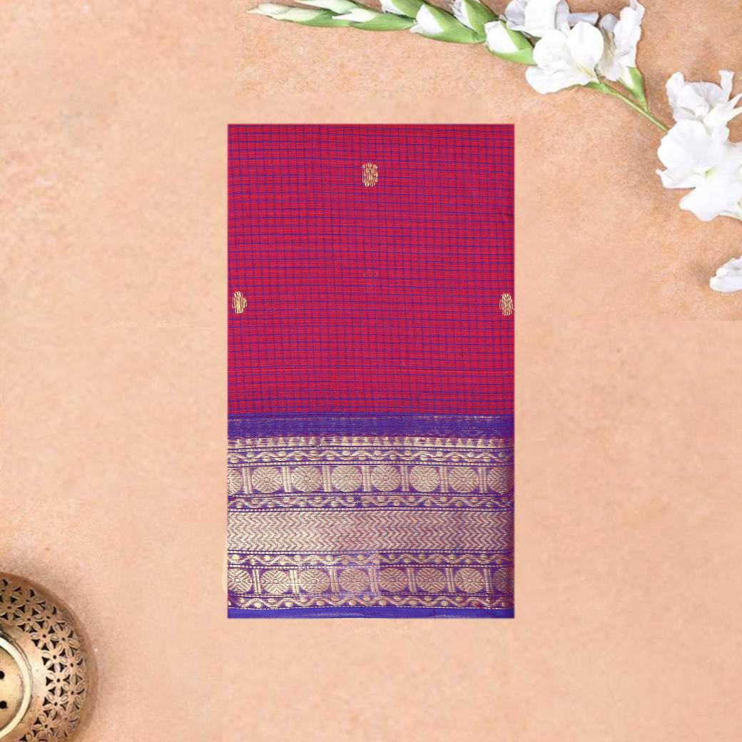 Dark Pink With Copper Zeri  Checked Pure Cotton Saree
