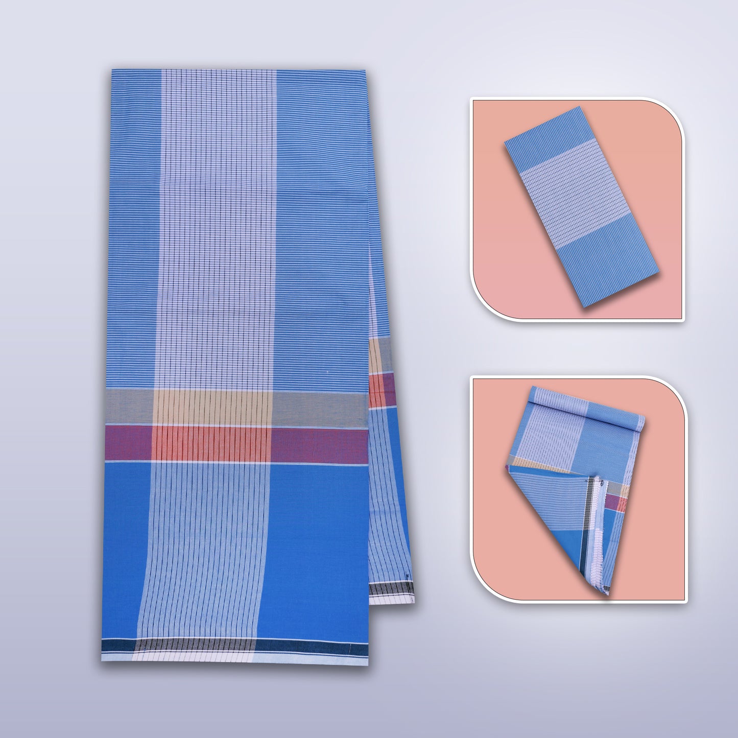 Men’s Light Blue With Royal Blue Stripe  Cotton Stitched Lungi