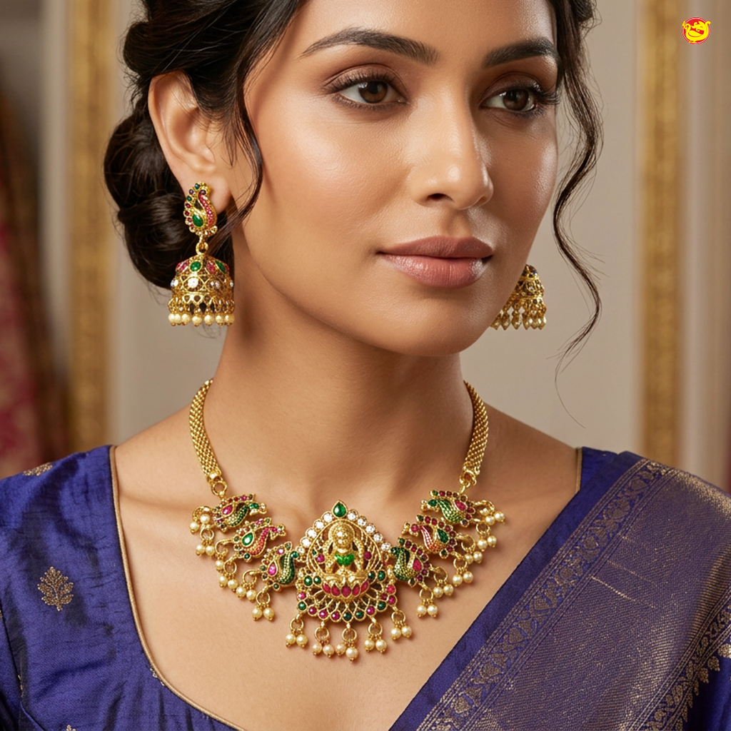 Antique  Saraswathi Temple Design Ad Stone  earrings Set