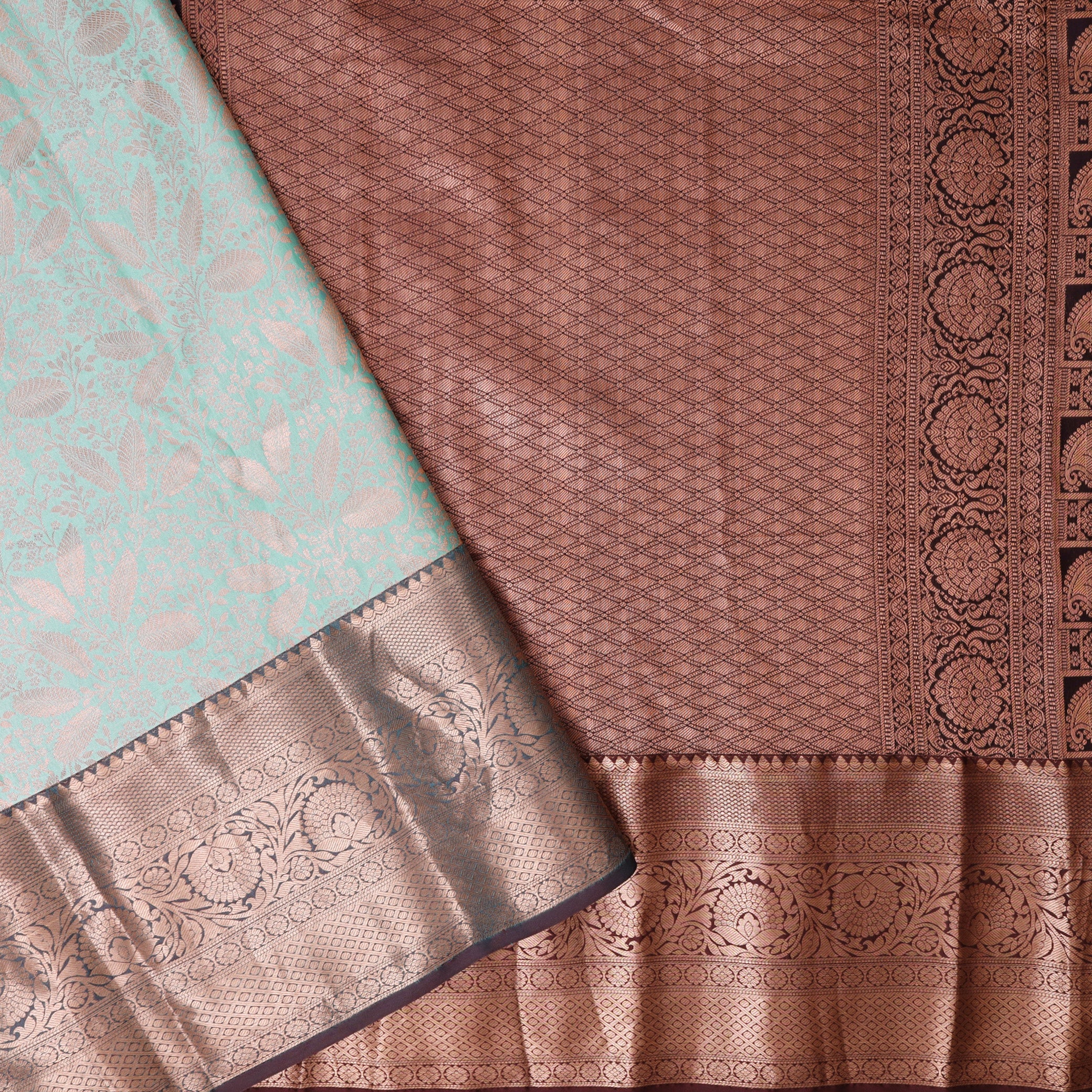 Turquoise Green With Dark Brown Wedding Silk Saree