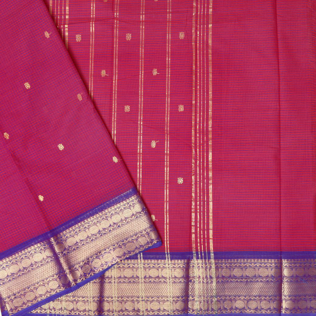 Dark Pink With Copper Zeri  Checked Pure Cotton Saree