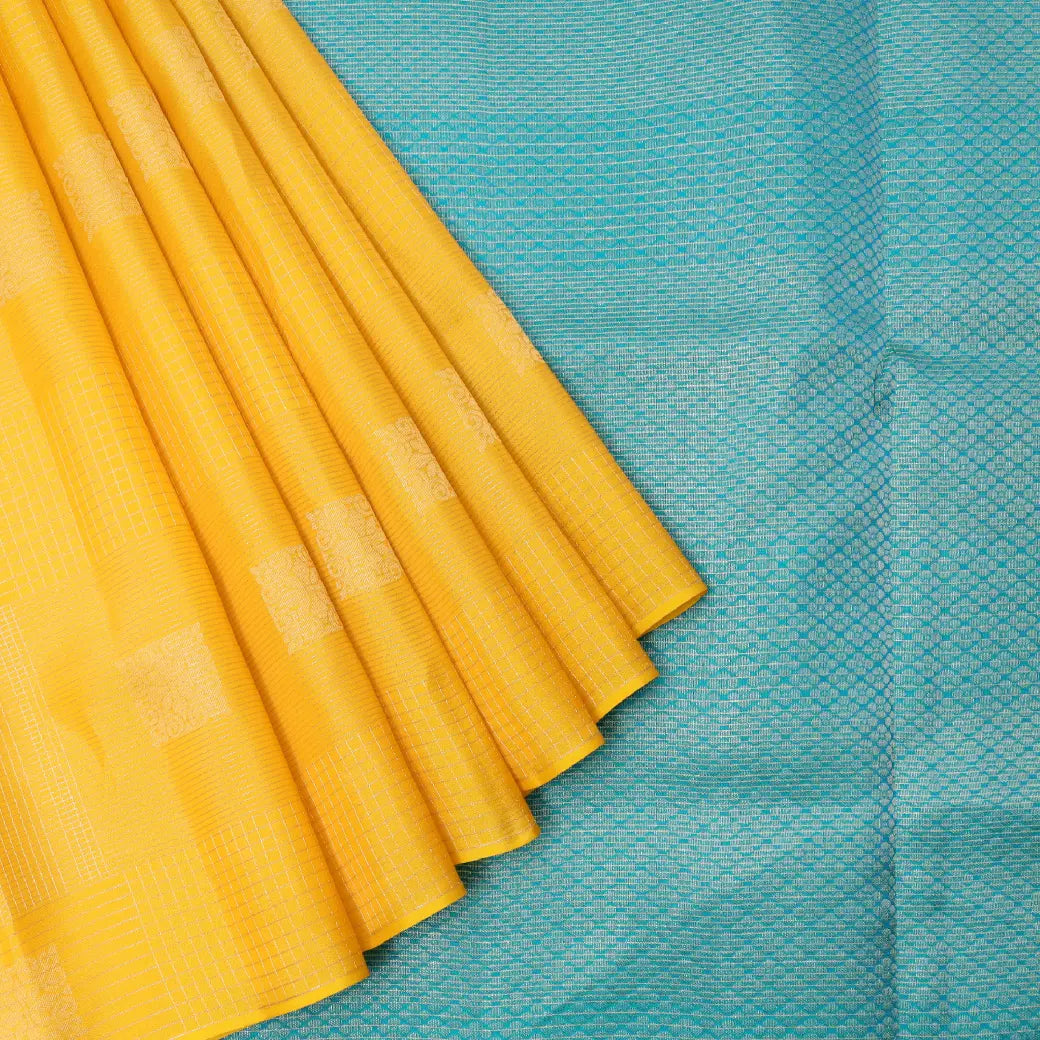 Yellow with Aqua Blue Soft Silk Saree